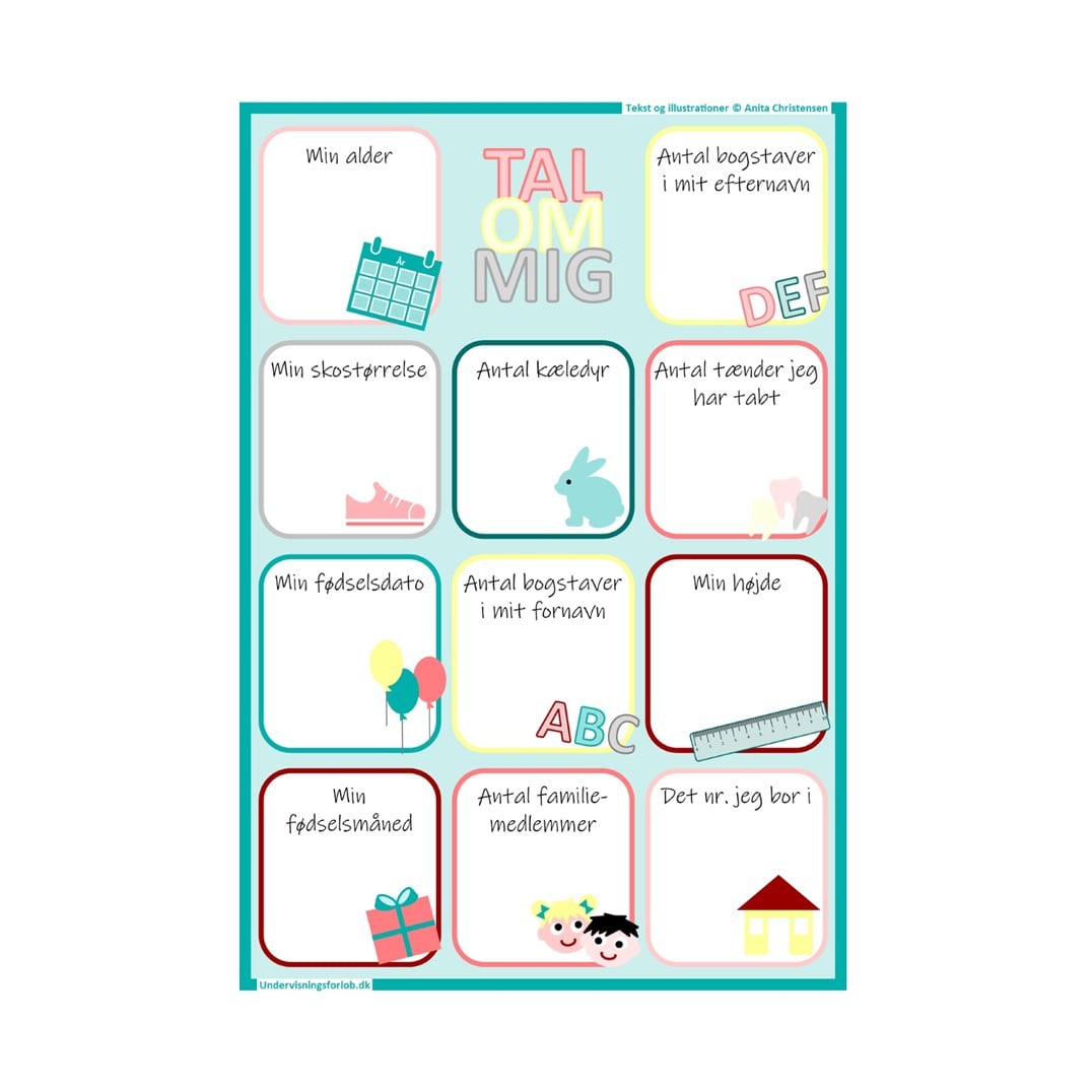 Tal om mig: Indeholder et ark, hvor eleverne kan skrive tal om dem selv. De kan evt. lave regnestykker og bytte med hianden og se, om de kan gætte, hvem der ejer hvilket ark.