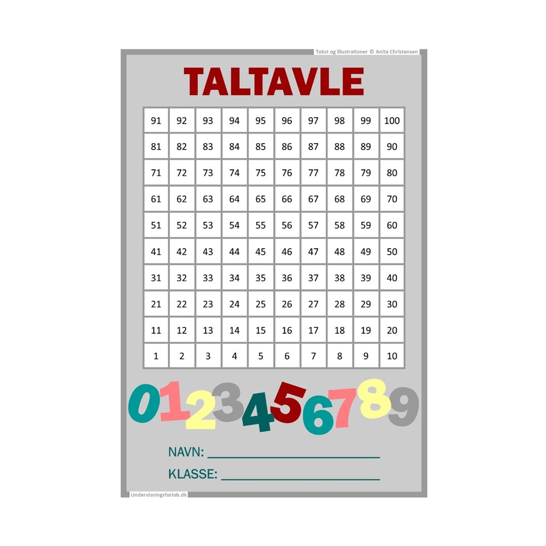 Taltavle: Indeholder tavler med tallene 1-100 i seks forskellige farver.