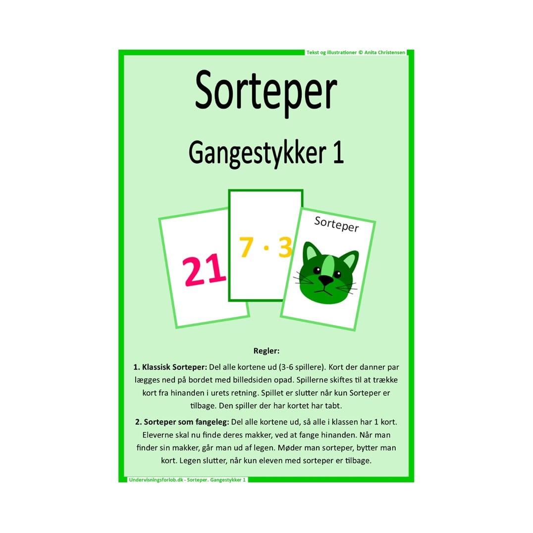 Sorteper spil: Gangestykker 1: Hvor eleverne skal matche gangestykker fra 1, 2, 3, 5 og 10 tabellen med resultatet. Målgruppe: 2. og 3. klasse.