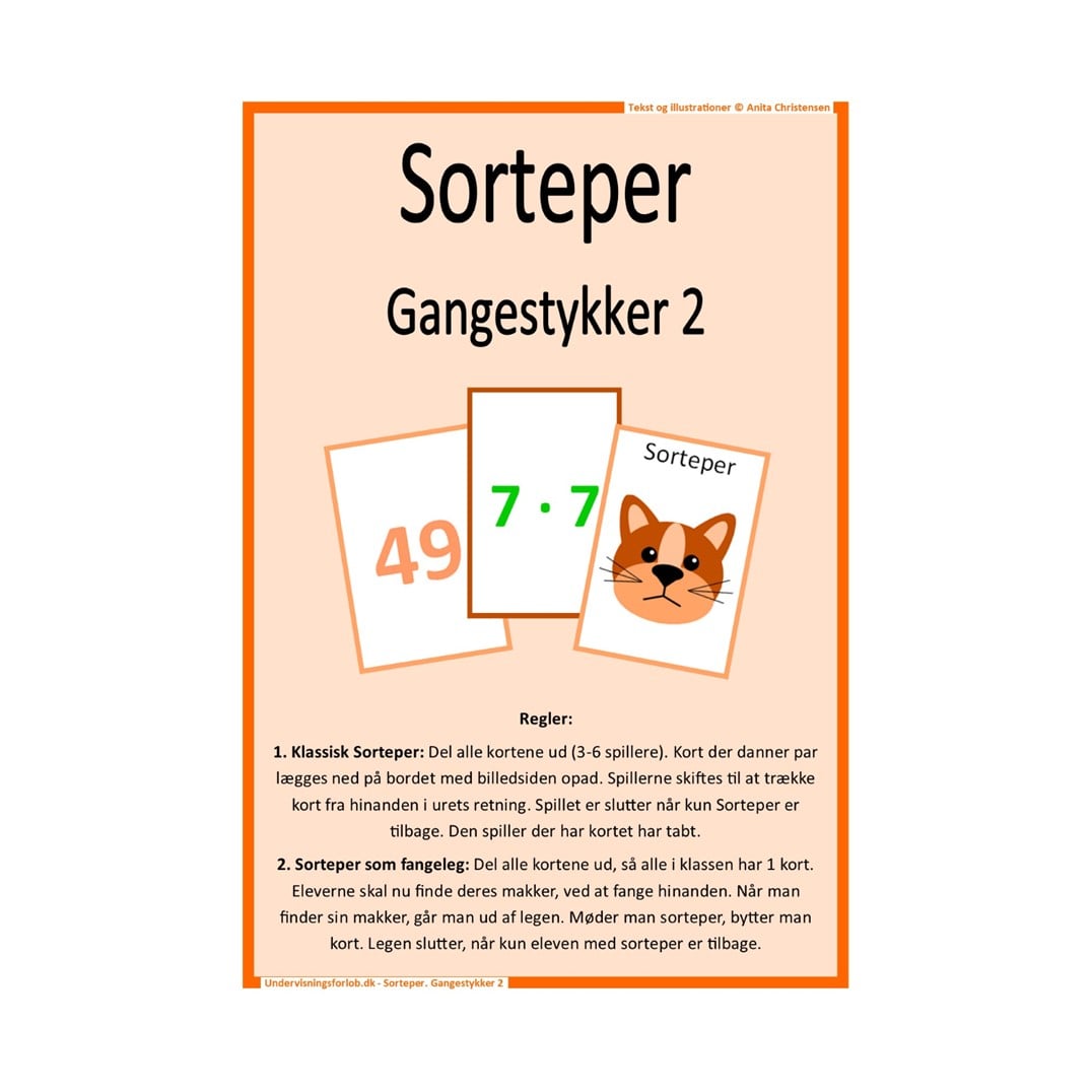 Sorteper spil: Gangestykker 2: Hvor eleverne skal matche gangestykker fra den lille tabel med resultatet. Målgruppe: 2., 3. og 4. klasse.