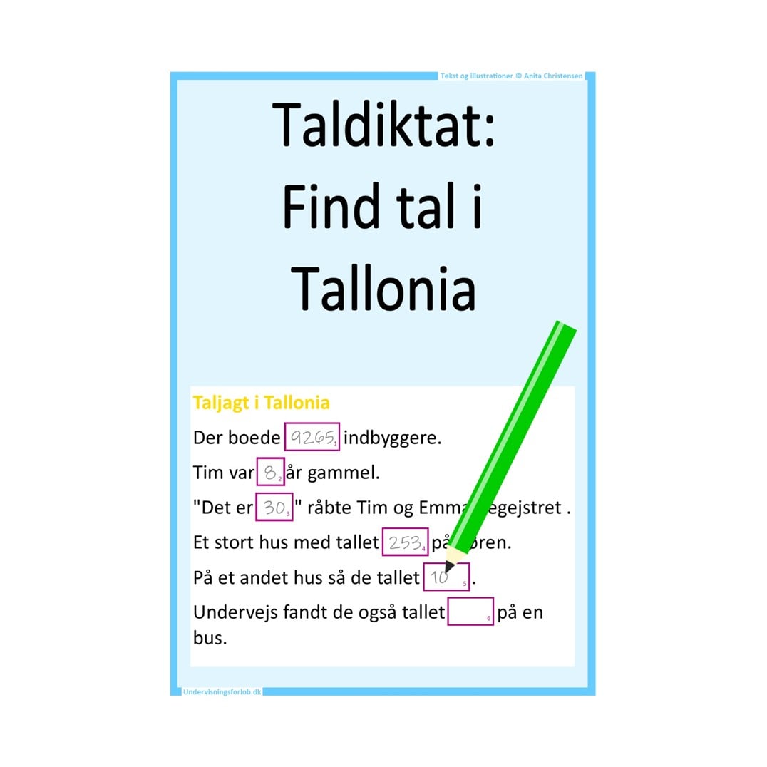 Taldiktat: Find tal i Tallonia. Læreren læser teksten højt og eleverne noterer de tal, som bliver nævnt.