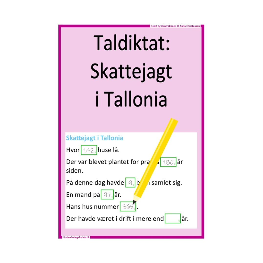 Taldiktat: Skattejagt i Tallonia. Læreren læser teksten højt og eleverne noterer de tal, som bliver nævnt.