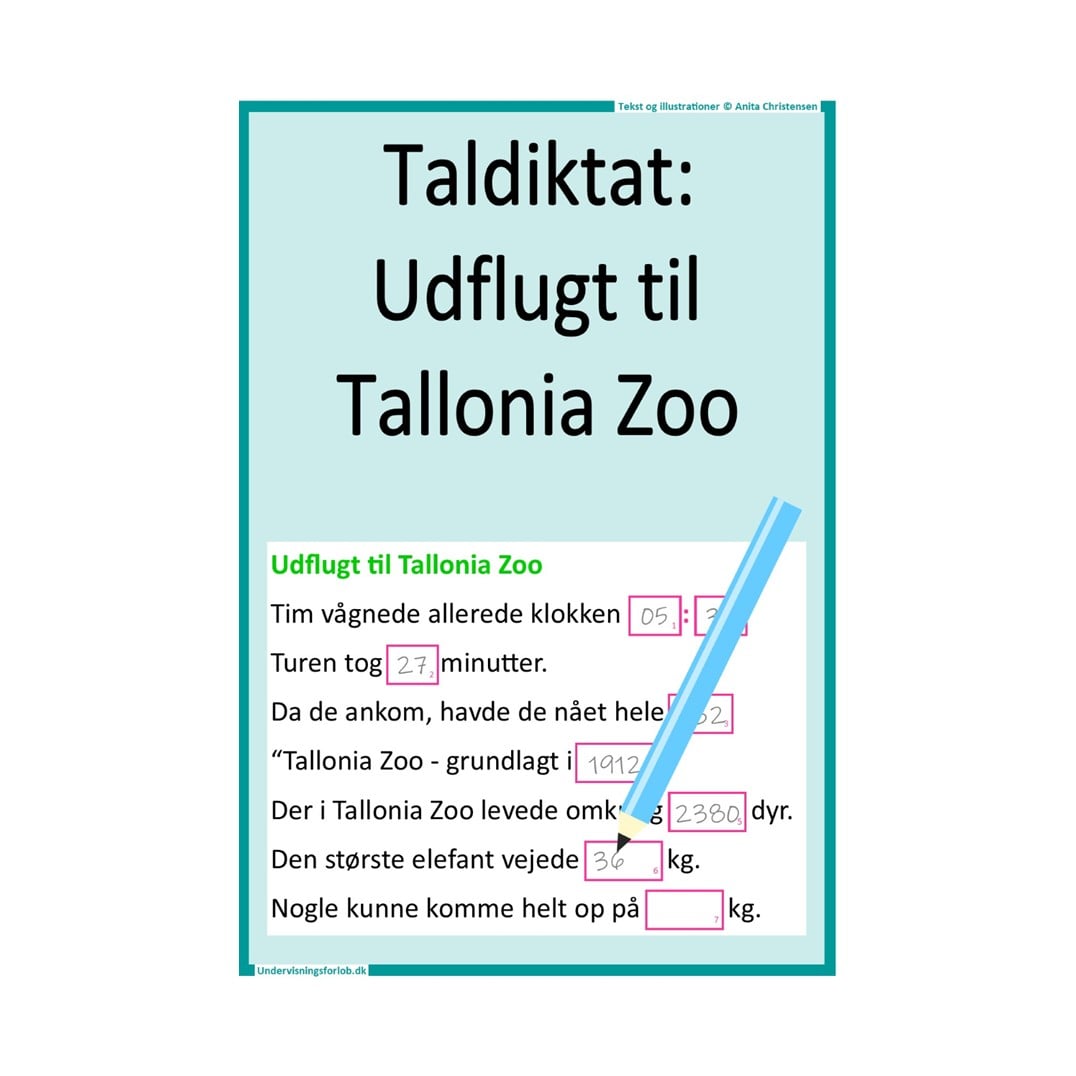 Taldiktat: Udflugt til Tallonia Zoo. Læreren læser teksten højt og eleverne noterer de tal, som bliver nævnt.
