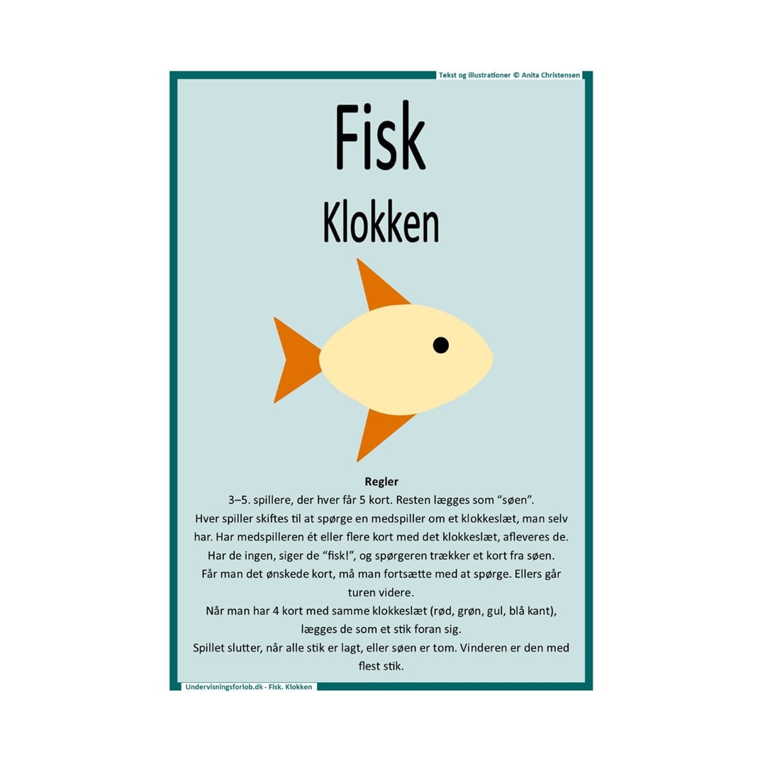 Spillet "Fisk" hvor eleverne skal samle stik ved at matche ens digitale og analoge klokkeslæt. Målgruppe: 2., 3., 4., 5., og 6. klasse