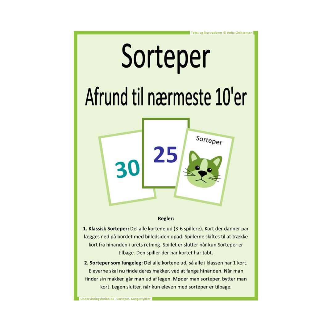 Sorteper spil. Afrund til nærmeste 10'er. Målgruppe: 1., 2., og 3. klasse