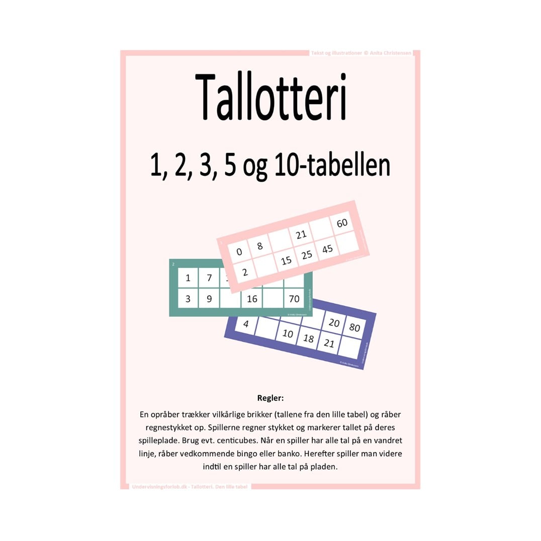 Tallotteri med multiplikationsstykker fra 1, 2, 3, 5 og 10 tabellen. Målgruppe: 2. og 3. klasse.